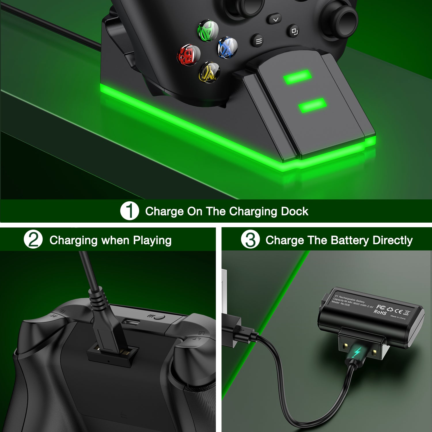 Wireless Charging Station Kit with 2 X 1200Mah(3600Mwh)Rechargeable Battery Pack for Xbox Series X|S/Xbox One/Xbox One S/X/Elite, Black, S06