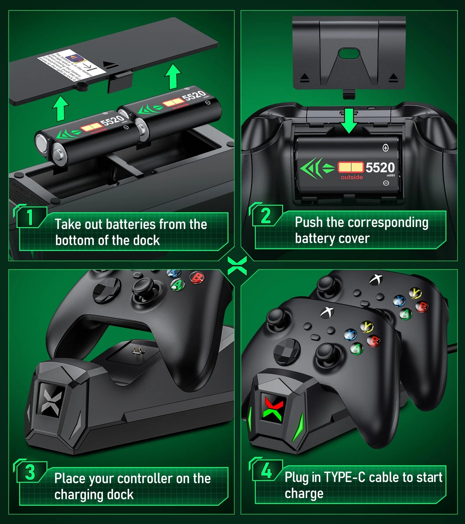 Xbox Controller Charger Station for Xbox Series X Controller, 2 X 2550Mah Rechargeable Battery Pack for Xbox Series S/Xbox One X/One S/Xbox Elite Controller（Not Include Controller）