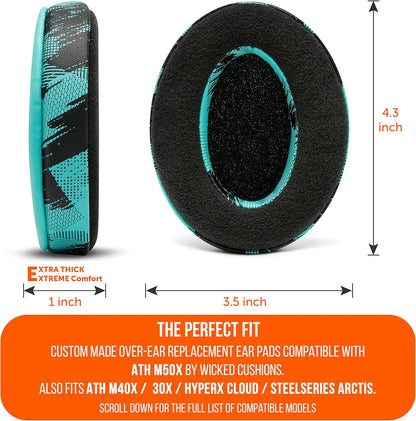 Wicked Cushions Velour Replacement Earpads for ATH M50X - Compatible with ATH M40X / M50XBT / Hyperx Cloud 1 & 2 / Steelseries Arctis 3/5 / 7 / 9X & Pro/Stealth 600 & More (Speedracer Cyan)