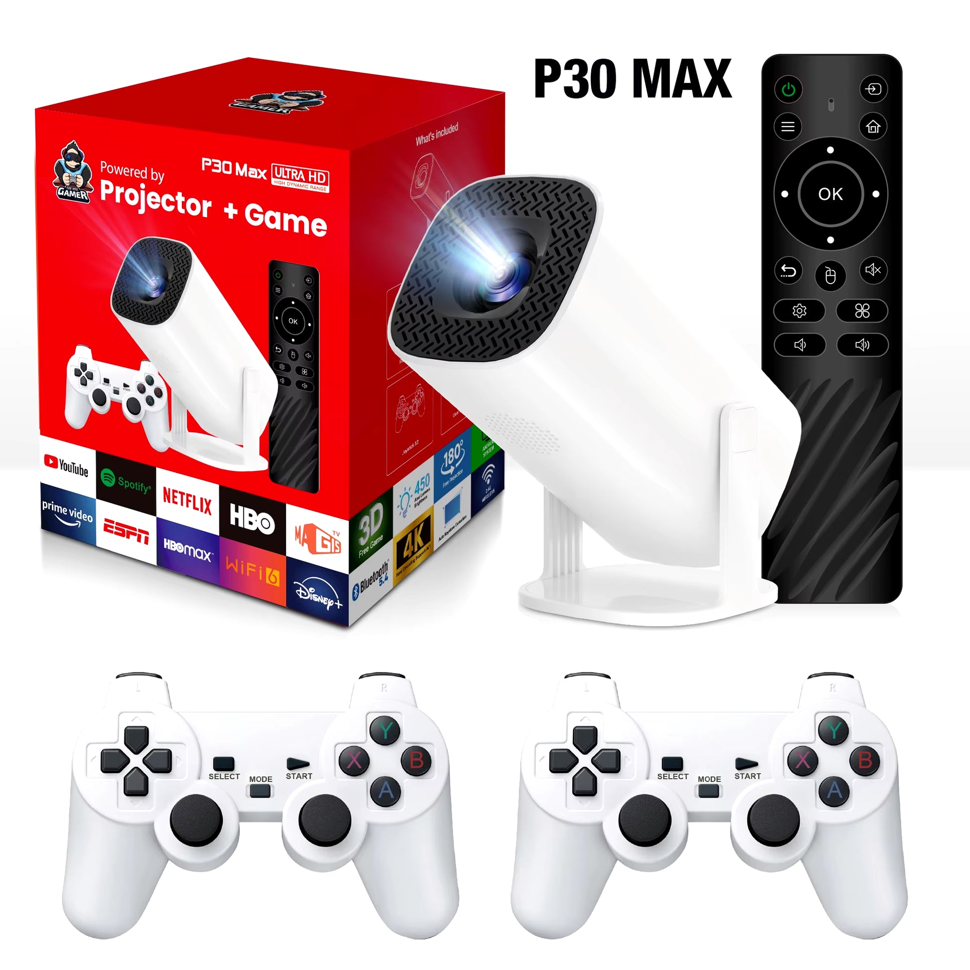 NEW P30 Max Video Game Console Include 2 Wireless Game Controllers 3800 Games Support 4K 1080P Android11 Portable Projector