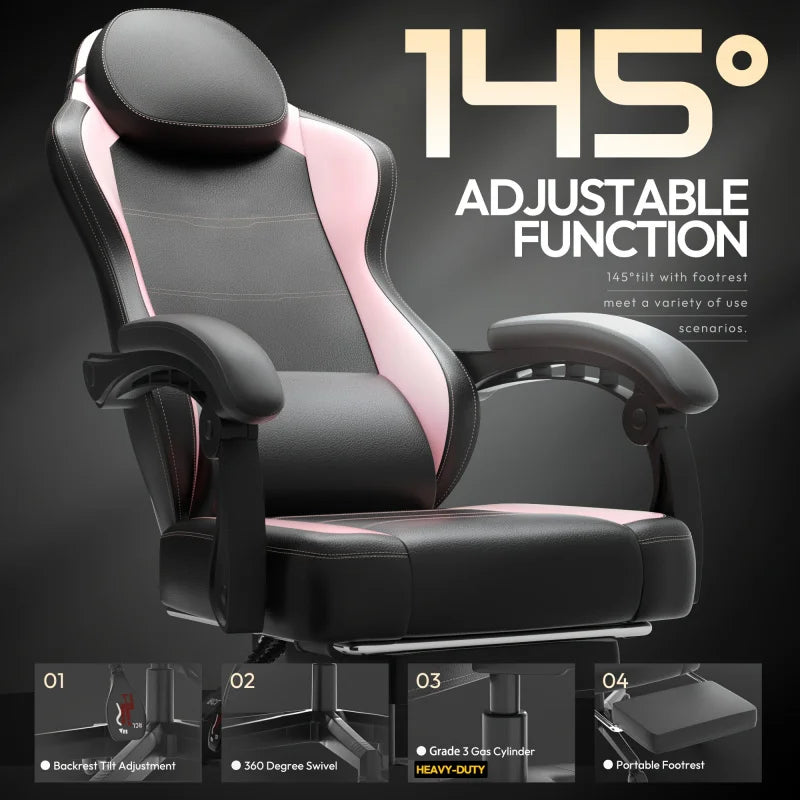 Gaming Chair With Pocket Spring Cushion, Ergonomic Game Chair With Massage Lumbar Support And Footrest For Adults