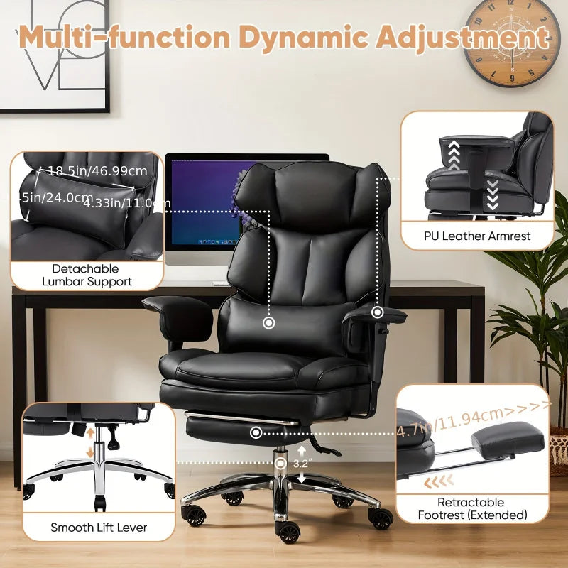 Big And Tall Adjustable Height PU Leather Home Office High Back Reclining Desk Chair With Footrest, Armrest