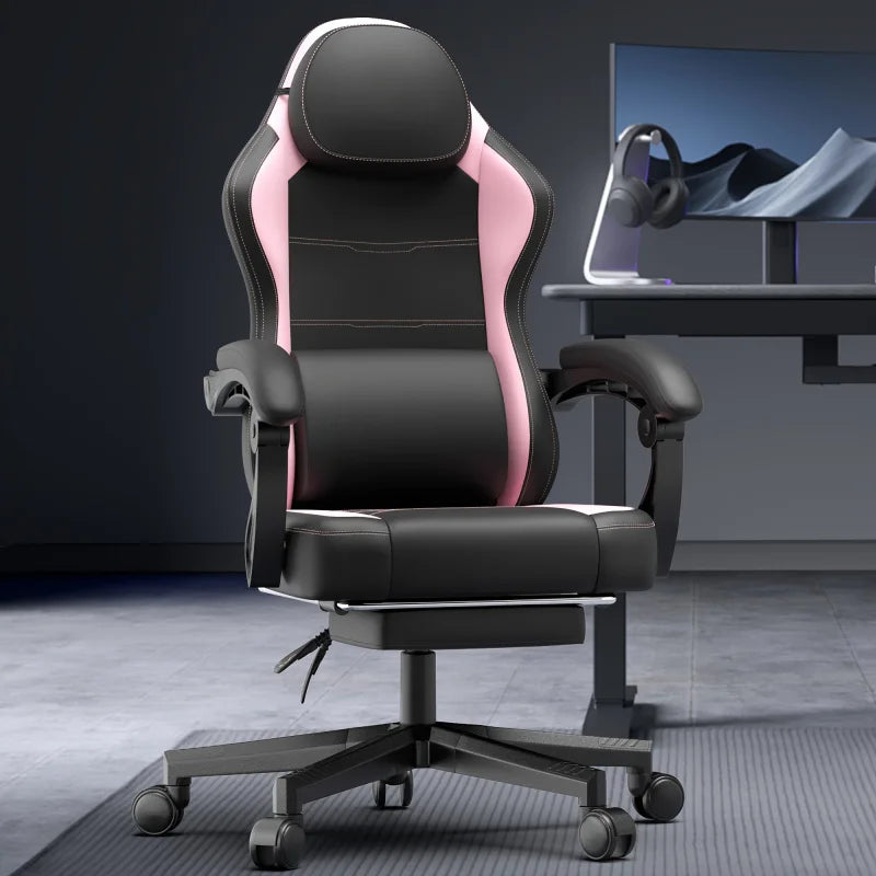 Gaming Chair With Pocket Spring Cushion, Ergonomic Game Chair With Massage Lumbar Support And Footrest For Adults