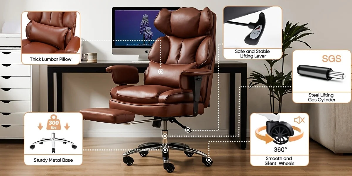 Big And Tall Adjustable Height PU Leather Home Office High Back Reclining Desk Chair With Footrest, Armrest